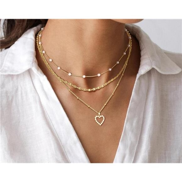 Layered Gold Pearl Heart Necklace | 14K Plated Chains - Picture 1 of 4